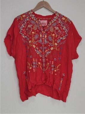 Johnny Was Biya Red Embroidered Boho Hippie Top Missio Blouse Shirt Size XS